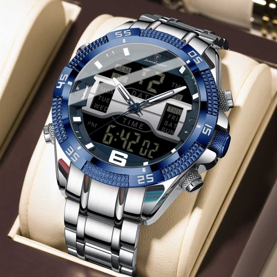 POEDAGAR LED E103 Luxury Men’s Sports Watch — Dual Time, Digital Luminous Display