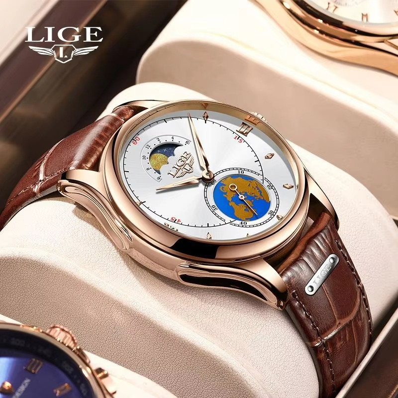 LIGE LG8952 Fashion Black Male Quartz Watch Men Genuine Leather Strap