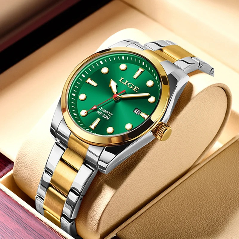 LIGE 89127 GreenTop Brand Luxury Mens Watches Waterproof Ultra Thin Date Clock Male Steel Strap Casual Quartz Watch