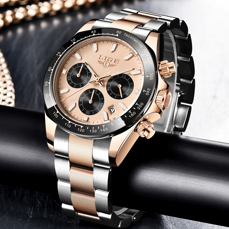 LIGE 8937 Luxury Rose Gold Business Watch Man Fashion Chronograph Quartz Wrsitwatches Waterproof Luminous Date Clock